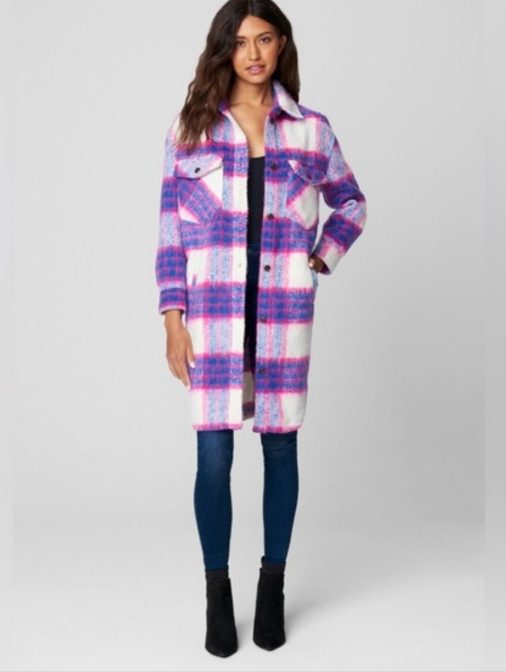 Plaid Blank NYC Long Shacket Coat in Pink & White